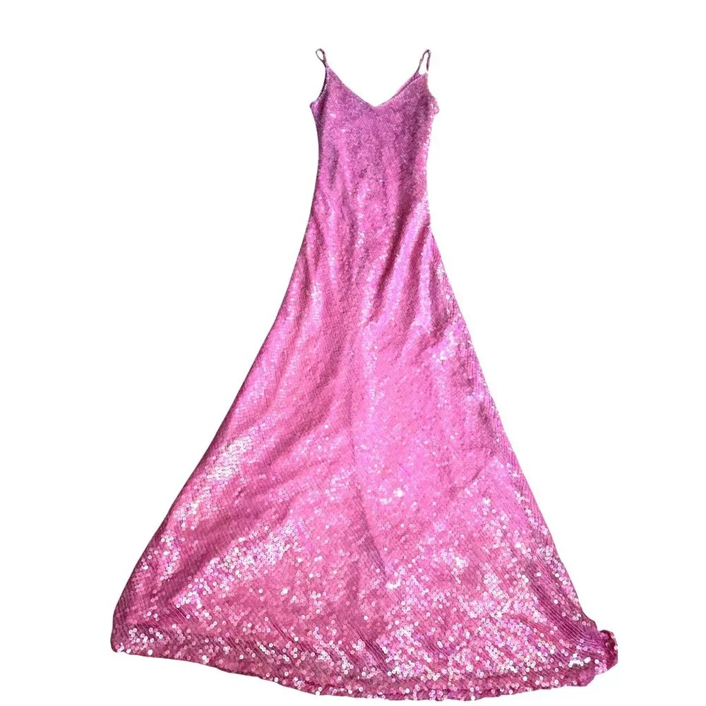 Scala Small Pink Silk Sequin Bias Cut Gown V Back Barbiecore Y2K Vintage Evening - Picture 10 of 11